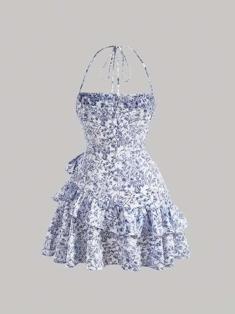 Blue French Floral Print Layered Ruffle Hem Halter Dress