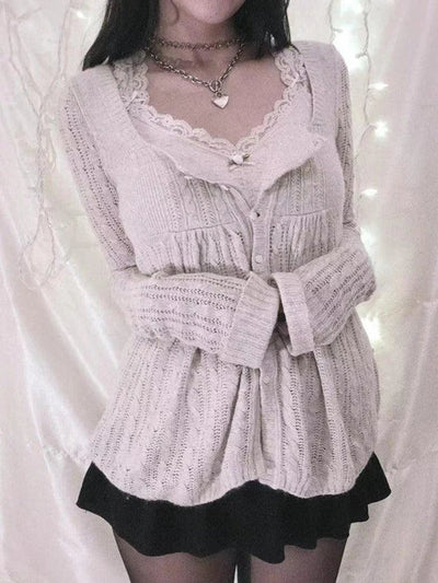 Beige Vintage Pointelle Square Neck Knit Cardigan