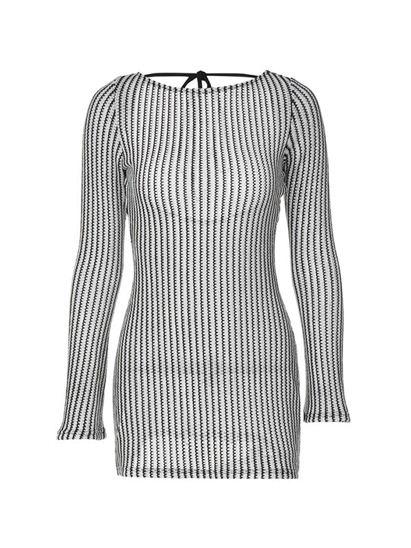 Vintage Pinstripe Backless Slim Mini Dress with Tie Back