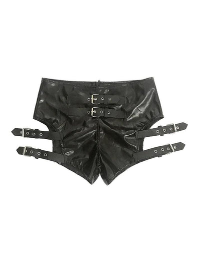 Black Punk Leather Hollow Shorts with Buckle