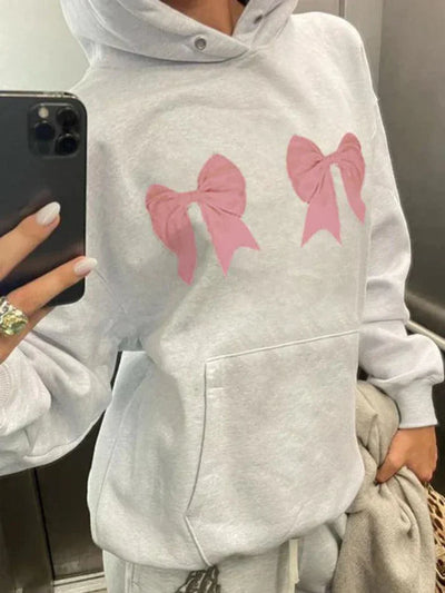 Gray Y2K Oversized Bow Print Drawstring Hoodie