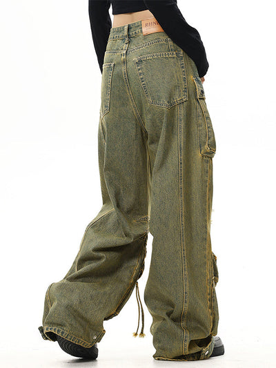 Vintage Faded Effect Cargo Jeans with Holes