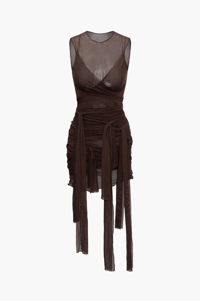 Solid Color Sheer Mesh Wrap Tie Ribbon Mini Dress