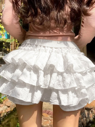 White Sweet Textured Tiered Shorts