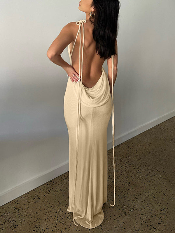 Apricot French Backless Tie Up Cami Maxi Dress