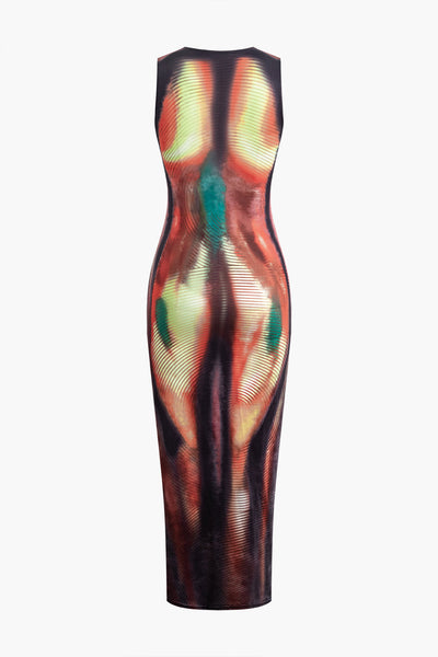 Vintage Abstract Print Slim Tank Midi Dress