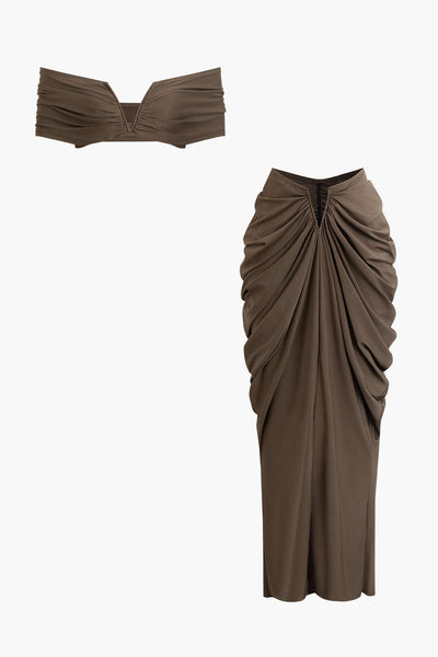 Two Piece Ruched Top & V Shape Cut Waist Maxi Skirt Set