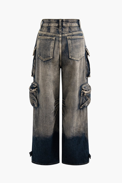 Ombre Punk Wide Leg Cargo Jeans with Multi Pockets