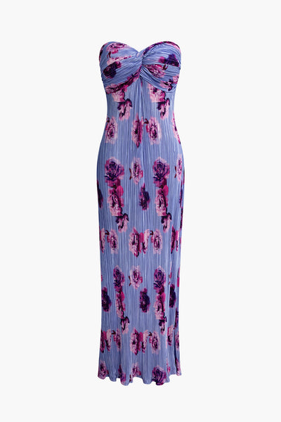 Vintage Abstract Print Plisse Strapless Slim Maxi Dress