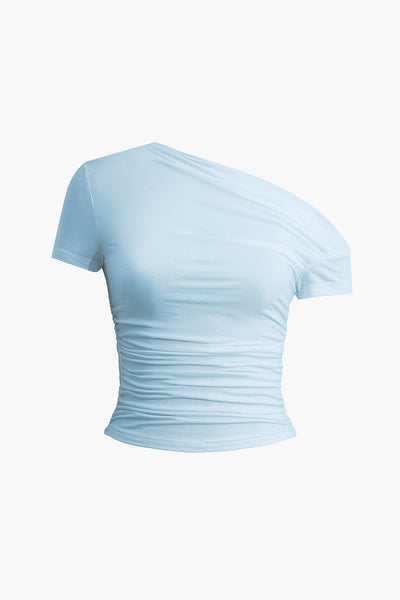 Solid Color Asymmetrical Ruched T Shirt