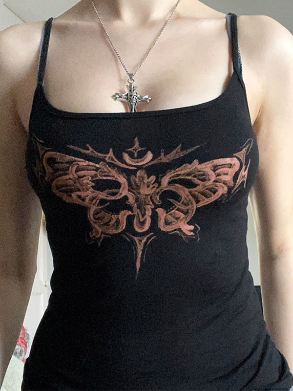 Black Y2K Butterfly Print Slim Fit Black Cami Top