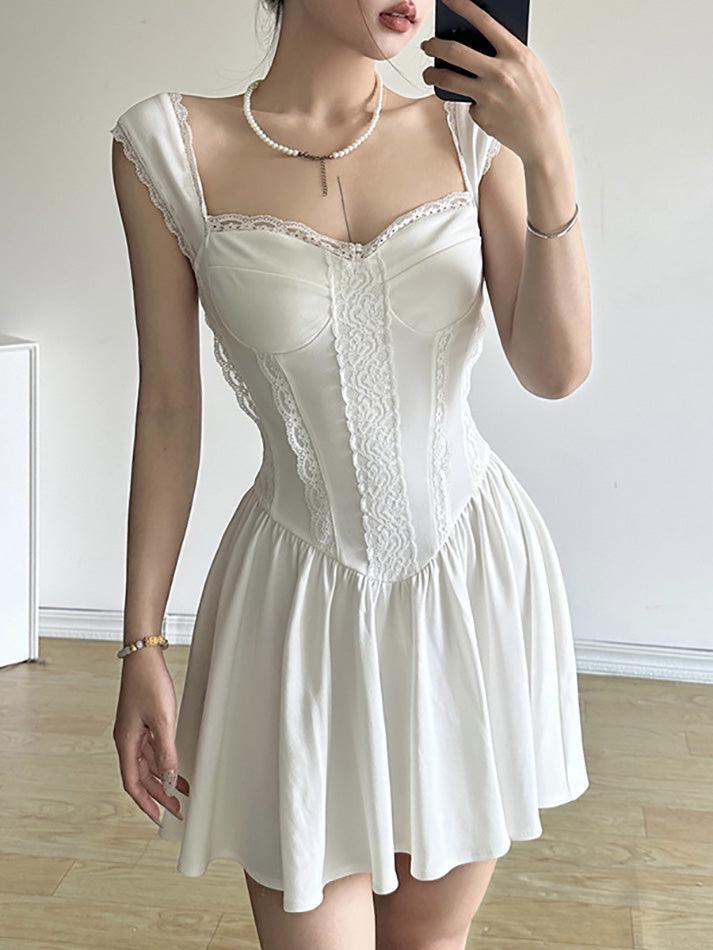 White French Plain Lace Trim Mini A Line Corset Dress