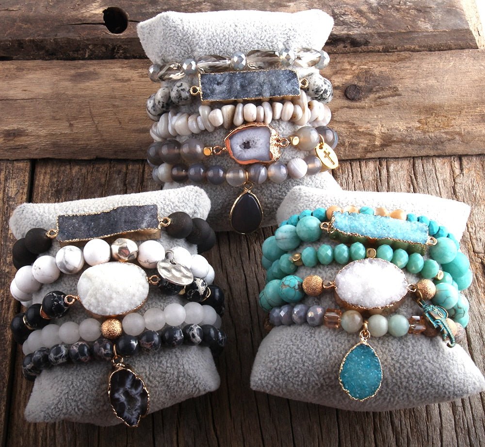 Designer Handgemaakte Boho Set Armbanden van Half - Edelstenen