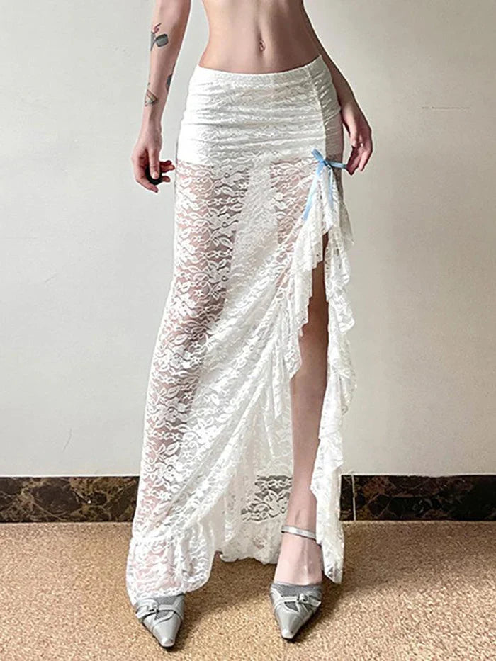 White Vintage See-Through Lace Midi Skirt