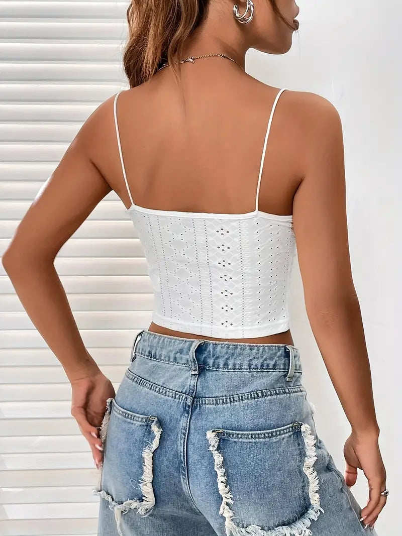 White Vintage Eyelet V Neck Lace Stitching Cami Top