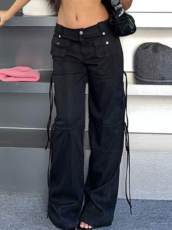 Black Hip Hop Low Waist Pocket Ribbon Splice Cargo Pants