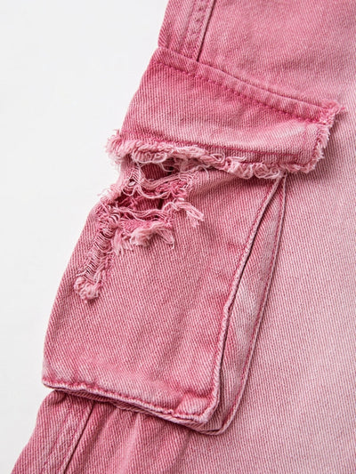 Pink Y2K Multi Pocket Ripped Cargo Jeans with Faded Effect