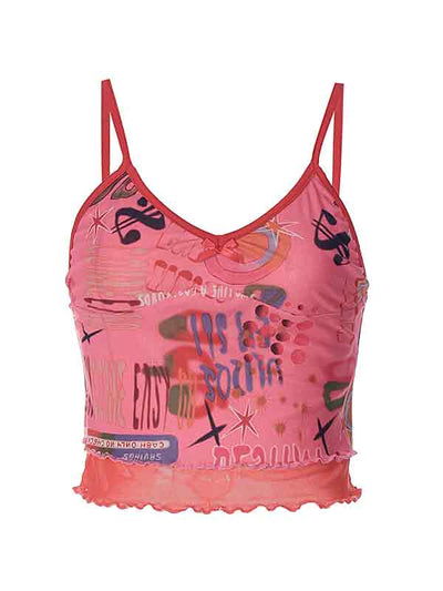 Pink Vintage Irregular Slim Cami Top with Fungus Print