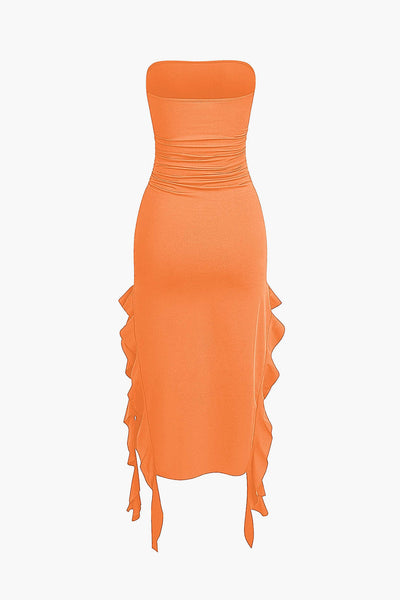 Solid Color French Ruffle Hem Ruched Tube Maxi Dress