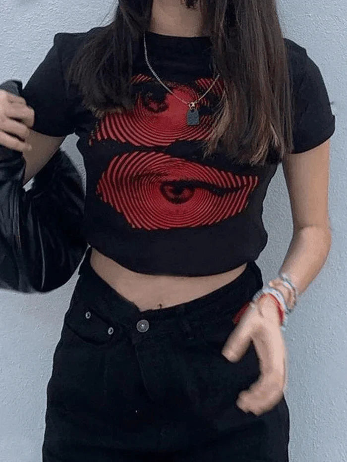 Black Y2K Eye Print Baby Crop Top