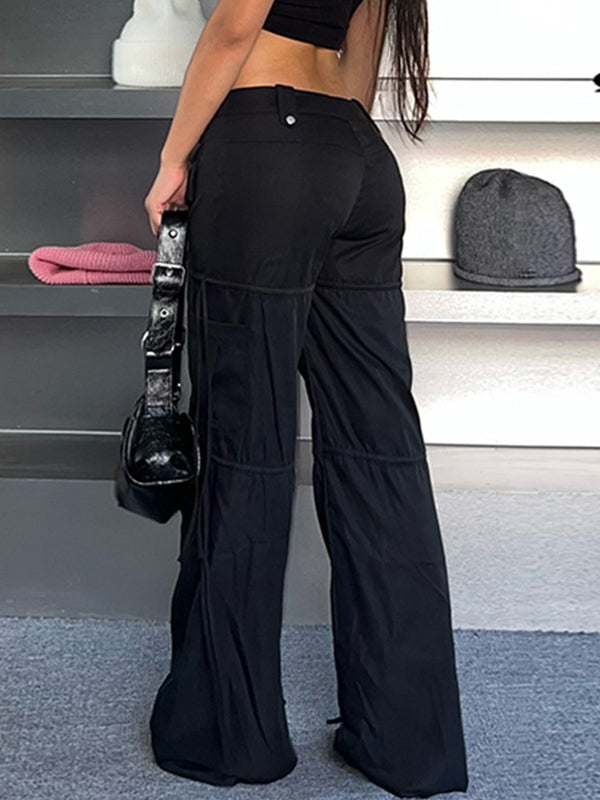 Black Hip Hop Low Waist Pocket Ribbon Splice Cargo Pants