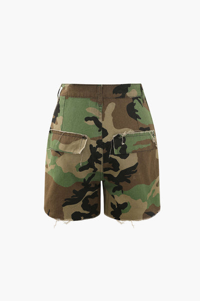 Retro Camo Destroyed Tie Up Cargo Shorts