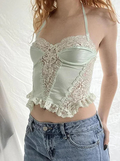 Y2K Halter Neck Crop Top with Lace Patchwork