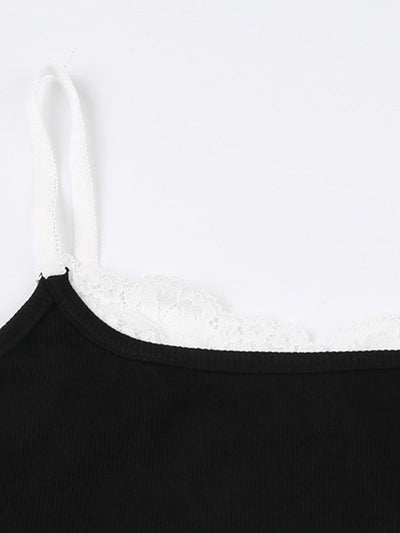 Black Mock-Up Lace Trim Ribbed Cami Top