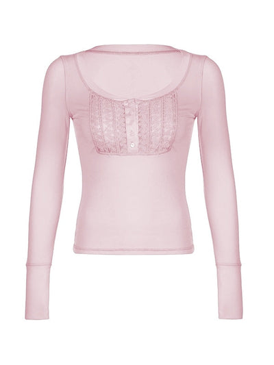 Pink Vintage Lace Splice Long Sleeve Tee