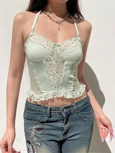 Y2K Halter Neck Crop Top with Lace Patchwork