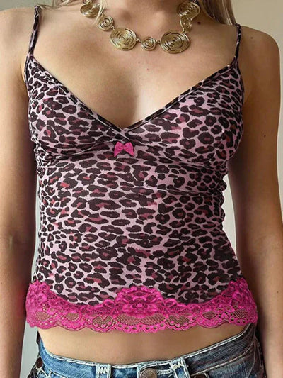 Pink Vintage Leopard Print Lace Stitching Cami Top