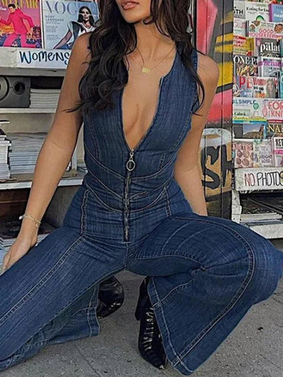 Vintage High Rise Denim Jumpsuit with Backless Zip Up