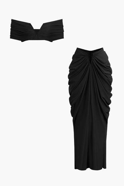 Two Piece Ruched Top & V Shape Cut Waist Maxi Skirt Set