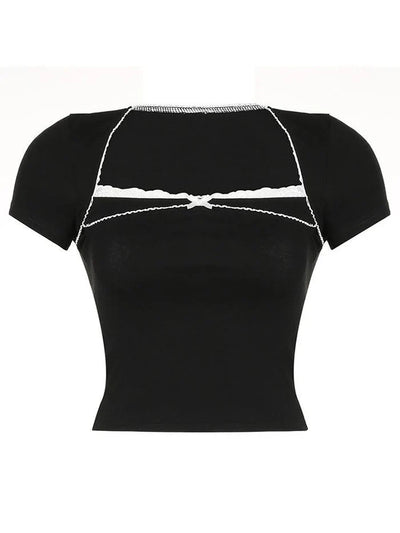 Black Y2k Gothic Lace Trim Bow Slim Top with Square Neck