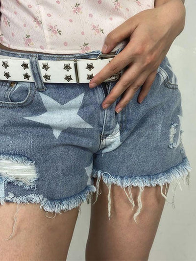 Blue Y2K Star Print Ripped Low Rise Denim Shorts