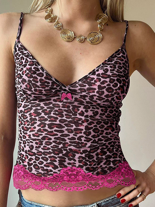 Pink Y2k Lace Stitching Cami Top with Leopard Print