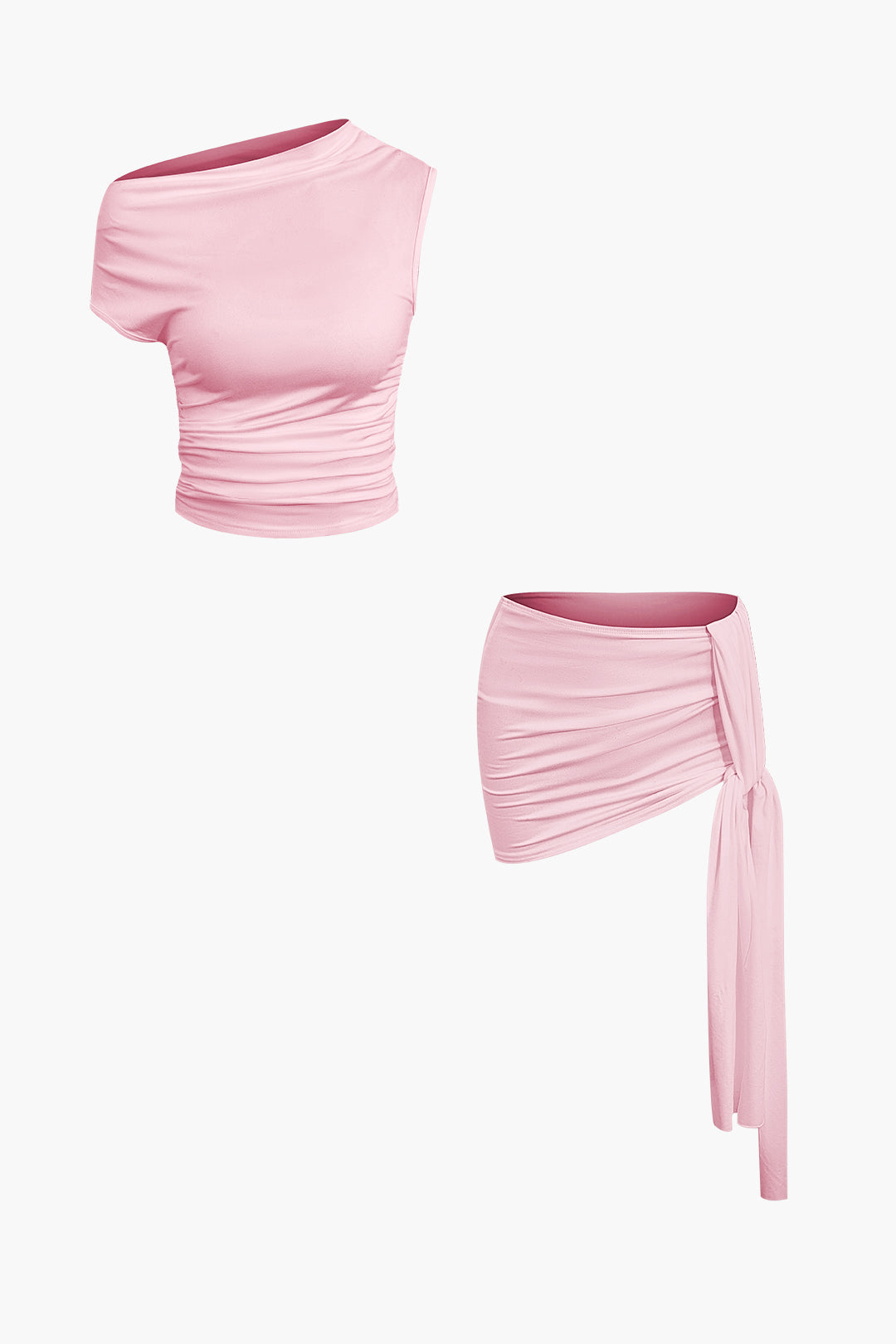 Solid Color Asymmetrical Ruched Crop Top & Tie Mini Skirt Set