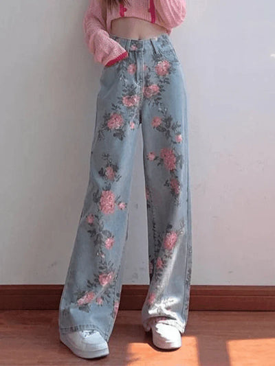 Y2K High Rise Boyfriend Jeans with Floral Print