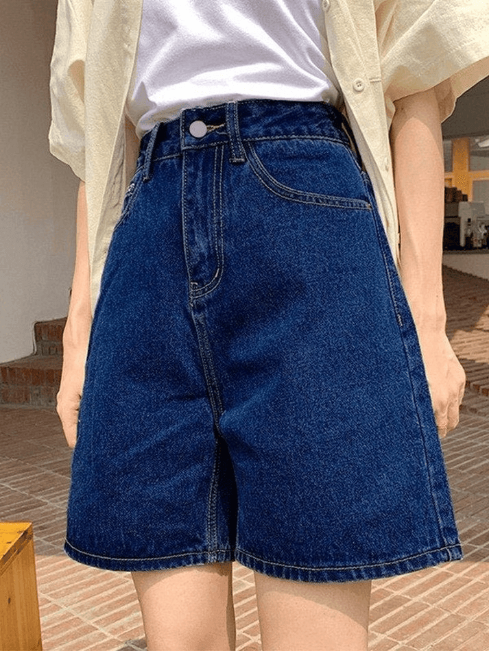 Blue Retro Denim High Waist Straight Leg Shorts