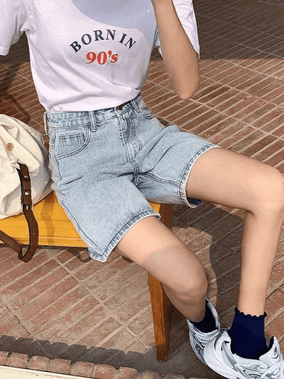 Blue Retro Denim High Waist Straight Leg Shorts