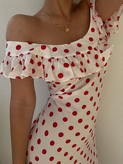 Off Shoulder Waist Ruffled Polka Dot Dress