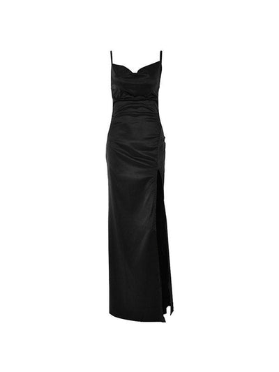 Black Vintage Satin Cowl Neck Split Maxi Dress