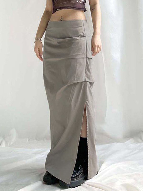 Grey Y2K Ruched Split Y2K Long Skirt