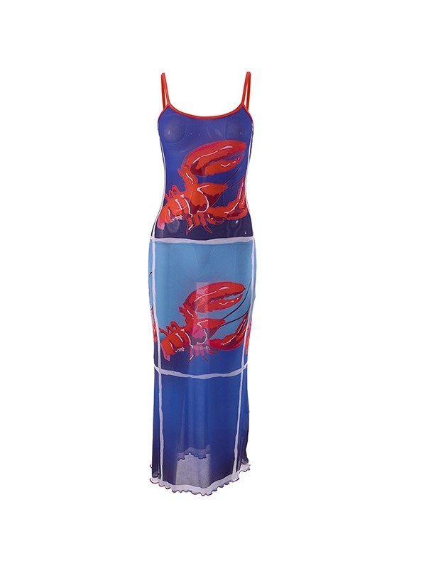 Vintage Mesh Bodycon Maxi Dress with Lobster Printed