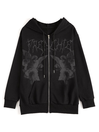 Hip Hop Cherub Print Hoodie with Zipper