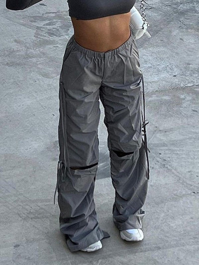 Punk Cutout Parachute Cargo Pants with Tie Strap