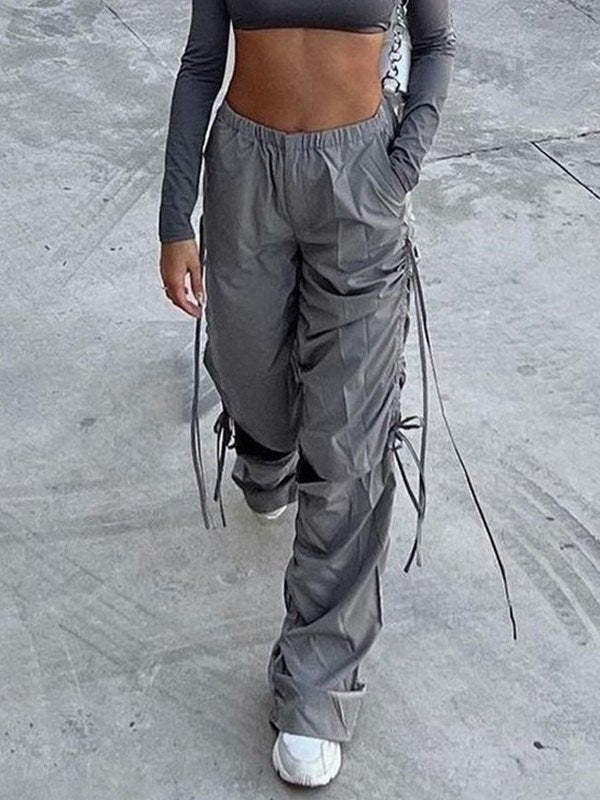 Punk Cutout Parachute Cargo Pants with Tie Strap