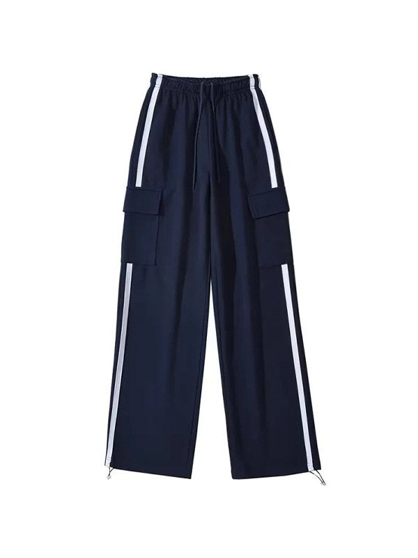 Navy Blue Hip Hop Pocket Side Stripe Baggy Sweatpants