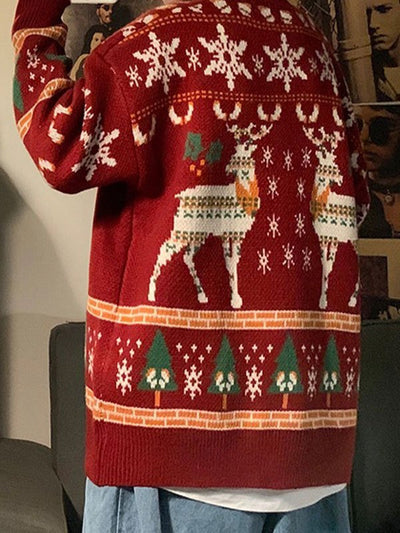 Vintage Crew Neck Sweater with Christmas Deer Print