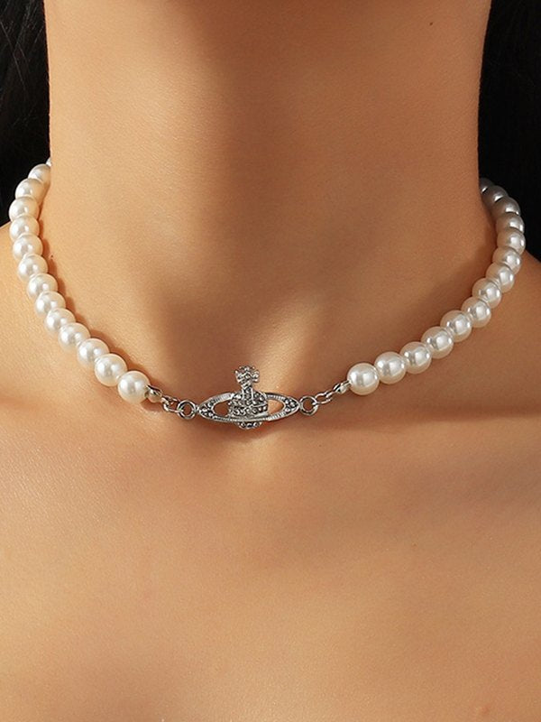 Vintage Faux Pearl Necklace with Planet Detail